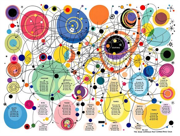 A vibrant, abstract representation of a randomly generated seating chart, featuring interconnected circles and lines in a playful, colorful style. The image should evoke a sense of excitement and unexpected connections, resembling a modern art piece.