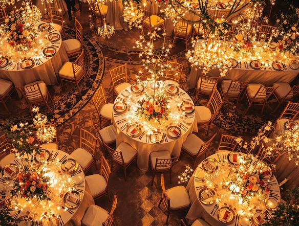 Overhead shot of an elegant wedding reception, showing meticulously arranged tables with floral centerpieces and place settings. The lighting is warm and inviting.