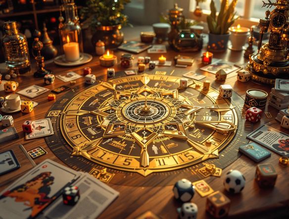 Overhead shot of a beautifully designed board game with intricate pieces, dice, and cards scattered around the board, warm lighting, inviting atmosphere.