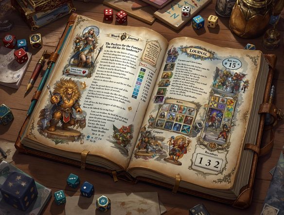 A beautifully designed journal mockup showcasing a fantasy board game. The journal lies open, displaying vibrant game art and detailed rules. Include dice and miniatures scattered around the journal.