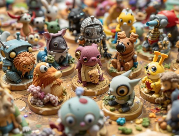 A collection of uniquely designed board game pieces generated by AI. Include a variety of styles: whimsical animals, futuristic robots, and fantasy characters. Showcase the intricate details and textures of each piece.