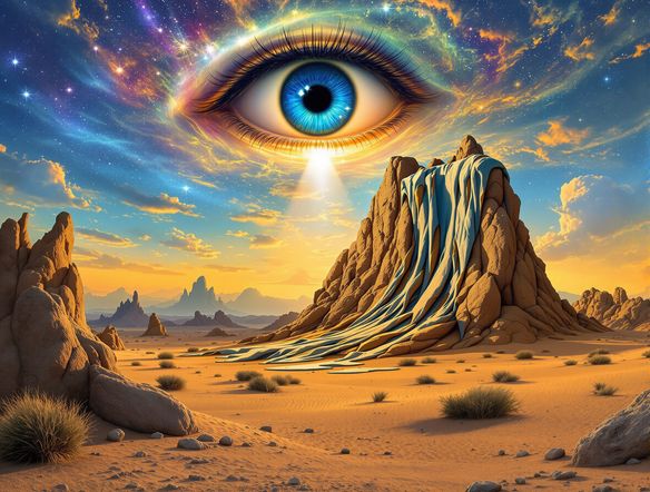 A clock melting over a desert landscape with a giant eye in the sky, embodying fantastic surrealism, hyperrealistic details, vivid colors.