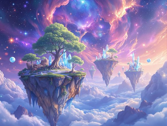 A surreal landscape with floating islands, crystalline trees, and a nebula sky, rendered in a dreamlike art AI style, ethereal and vibrant.