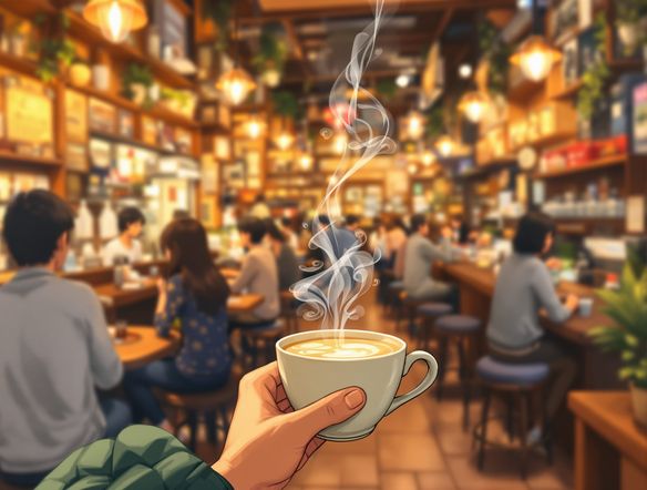 First-person view from inside a bustling anime cafe, steam rising from a coffee cup, blurred patrons in the background, warm lighting, detailed manga panel.