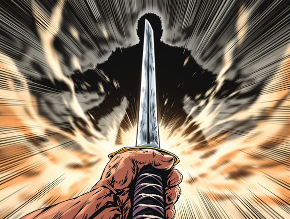 A dynamic, first-person perspective manga panel showing a character's hand gripping a sword hilt, with a dramatic enemy silhouette in the background, rendered in classic shonen style with speed lines and intense shading.