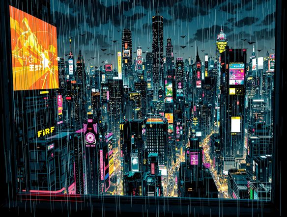 A dynamic first-person manga view of a character looking out over a neon-lit cyberpunk city at night, rain streaks on the window, intricate details, manga style.