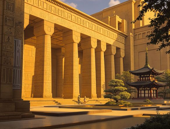 A majestic Egyptian temple facade with towering columns and hieroglyphic details, contrasted with a serene Japanese temple garden in the background, showcasing diverse architectural styles.