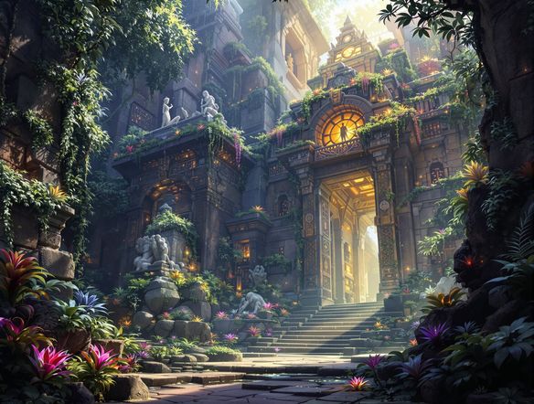 An ethereal, ancient temple blending Mayan and fantasy elements, bathed in soft, divine light. Intricate carvings and lush vegetation surround the structure. A sacred architecture maker's dream.