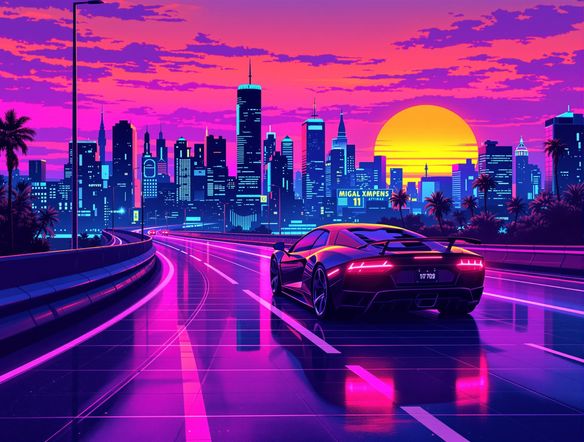 A neon-drenched cityscape at sunset, with a sports car driving on a highway, 80s synthwave aesthetic, vibrant colors, retro wave art maker.
