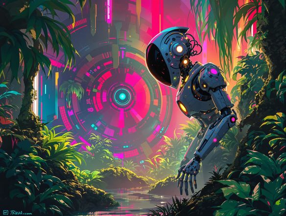 A retro-futuristic robot exploring a neon-lit alien jungle, vintage design elements, synthwave generator, glowing circuitry, digital painting.