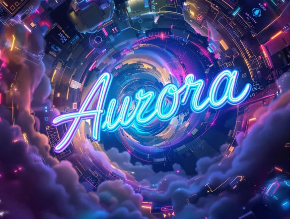 A vibrant, abstract artwork featuring the name 'Aurora' in swirling, neon colors. The style is reminiscent of digital graffiti art, with a futuristic and energetic feel. Use a high-resolution, 3D rendering for maximum impact.