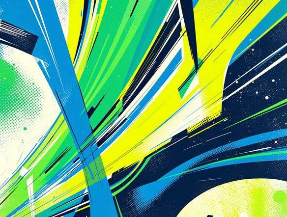 A vibrant abstract design with bold lines and limited color palette, mimicking a silkscreen print. Textured background, high contrast, poster art style.