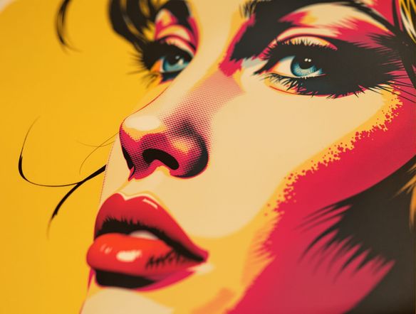 A close-up of a bold, graphic portrait in a pop art style, featuring a distinct silkscreen effect. Limited color palette, strong outlines, vintage poster feel.