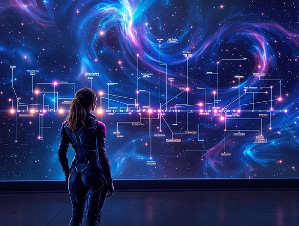 A digital timeline with glowing nodes representing different eras, branching pathways of light connecting each point, set against a deep space background with swirling nebulas.