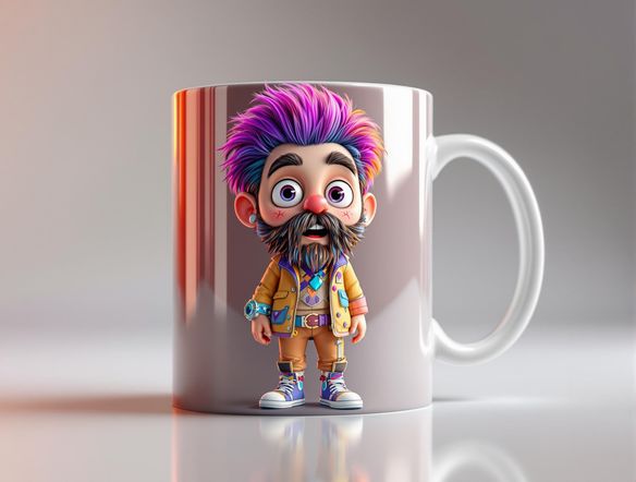 A vibrant die-cut sticker mockup featuring a whimsical cartoon character on a glossy 3D mug mockup. The background is a bright, clean studio setting. High resolution, detailed.