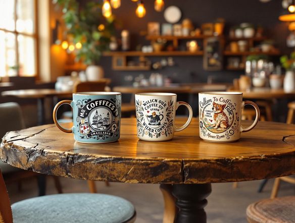 A collection of sticker mockups applied to various mugs in a cozy coffee shop setting. The focus is on the intricate details of the sticker designs. Use a mug mockup generator free to create this.