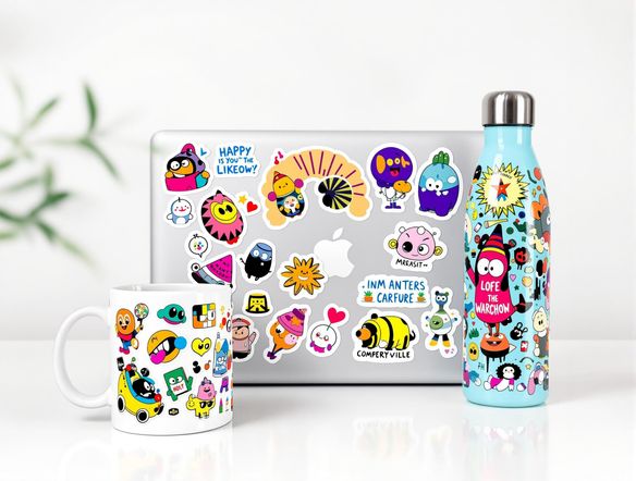 A vibrant collection of stickers on various objects, including a coffee mug, laptop, and water bottle, displayed on a clean, modern background.