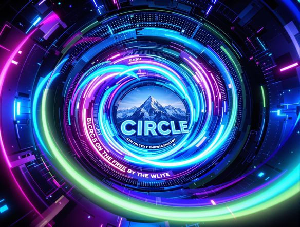 A vibrant banner featuring swirling, spiraling text artfully arranged around a central image. Incorporate a circle text generator effect with neon colors, set against a dark, futuristic background. High resolution, digital art.