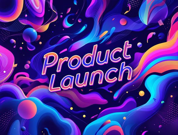 A vibrant banner with curved text, showcasing a product launch, against a dynamic, abstract background with flowing colors and modern design elements.