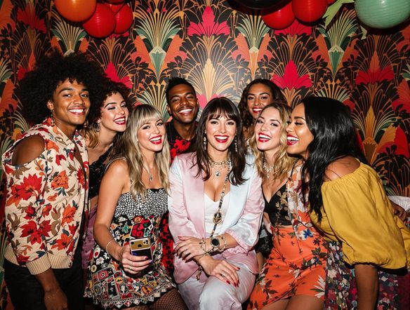 A diverse group of friends laughing and taking photos at a vibrant party, Instagram logo subtly integrated into the background, art deco style.