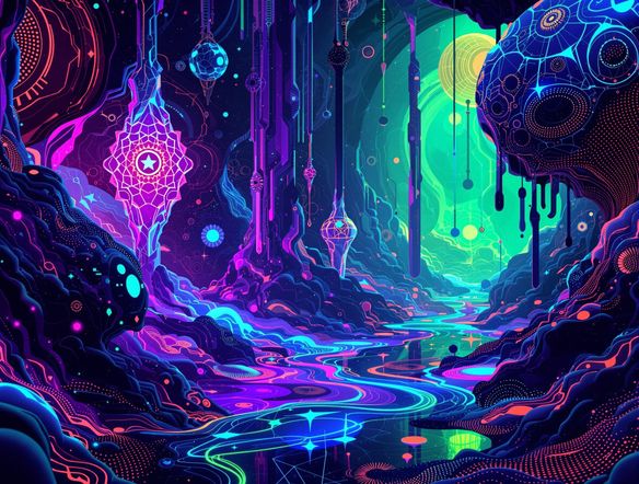 A surreal, abstract composition generated by AI, showcasing emergent patterns and organic forms, vibrant color palette, futuristic digital art.