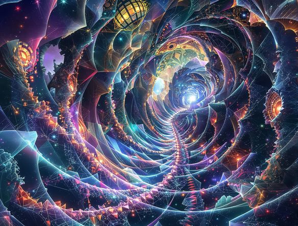 An intricate, vibrant fractal landscape with swirling geometric patterns, detailed, high resolution, digital art, trending on ArtStation.