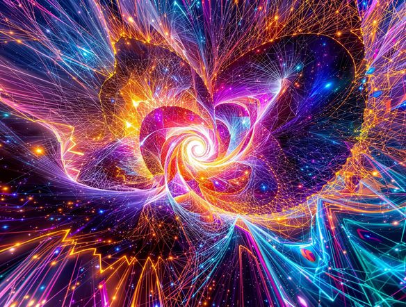 Abstract digital art showcasing intricate geometric patterns and vibrant color gradients, generated by complex algorithms, symbolizing the infinite possibilities of procedural art.