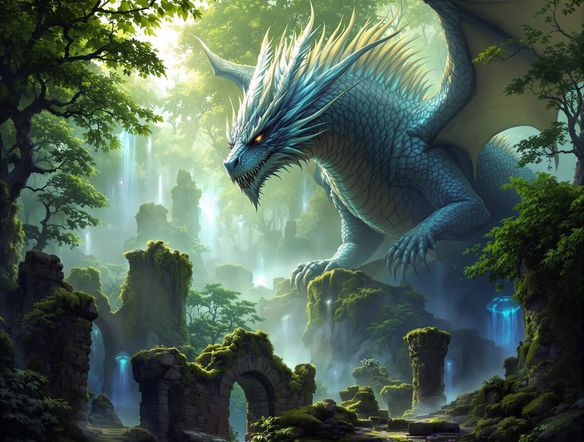 A colossal ancient dragon perched atop a moss-covered ruin within a mystical, bioluminescent enchanted forest, ethereal mist, volumetric lighting, fantasy art, highly detailed scales, majestic atmosphere.
