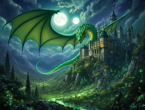 A majestic dragon soaring over a mystical, ancient castle, bathed in the ethereal glow of twin moons, with a vast, enchanted forest stretching into the horizon.