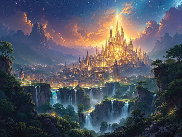 Epic fantasy landscape, a majestic glowing city nestled in a valley, intricate spires reaching towards a celestial sky, mystical waterfalls, high detail, cinematic lighting, concept art.
