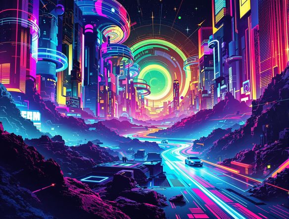 A vibrant and dynamic Spotify playlist cover, showcasing a mix of electronic music elements, neon colors, and abstract shapes. Capture the energy of a late-night rave.