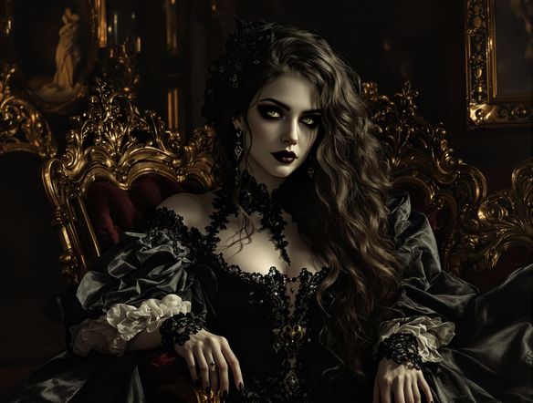 A highly detailed portrait of a beautiful gothic woman with intricate victorian clothing, pale skin, dark hair, and expressive eyes, rendered in a painterly style.