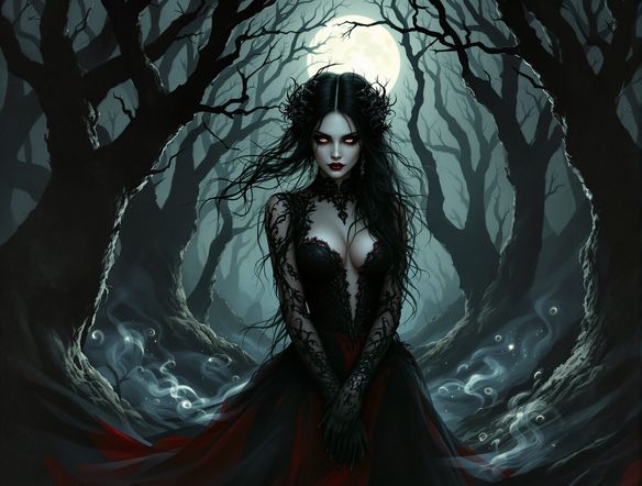 A hauntingly beautiful gothic woman with pale skin, dark cascading hair, and piercing eyes, adorned in Victorian-inspired lace and velvet, set against a moonlit, eerie forest backdrop.