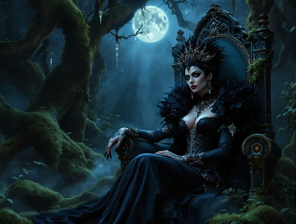 A moody, atmospheric portrait of a modern gothic woman with tattoos and piercings, contrasted with a classic fantasy goth queen in a dark, enchanted forest setting.
