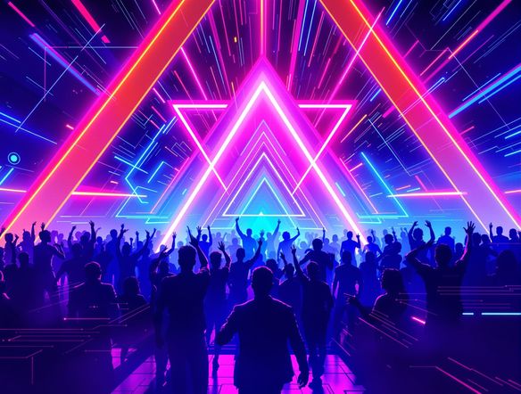 A vibrant, high-energy techno music poster with neon geometric shapes and a silhouetted crowd dancing, in the style of a modern rave poster. Use keywords: electronic music poster, rave poster design AI.