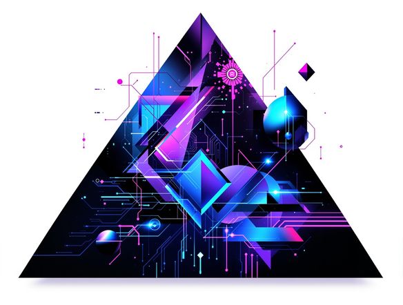 Abstract geometric shapes in neon blue and purple, pulsating with energy, on a dark, futuristic background, reminiscent of a techno music poster. Glitch effects and circuit board patterns integrated.