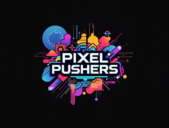A clean and modern YouTube banner showcasing a minimalist design with abstract shapes and bold colors, representing a gaming channel called 'Pixel Pushers'. Incorporate elements that suggest energy and excitement, with a clothing mockup generator style and aesthetic.