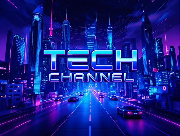 A vibrant and modern YouTube banner featuring dynamic graphics and text overlay, showcasing a tech channel with a futuristic theme.