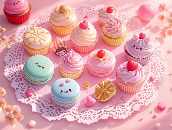 A collection of kawaii pastries and desserts, including macarons and cupcakes, arranged artfully on a pink doily, cute food art, soft lighting, whimsical.