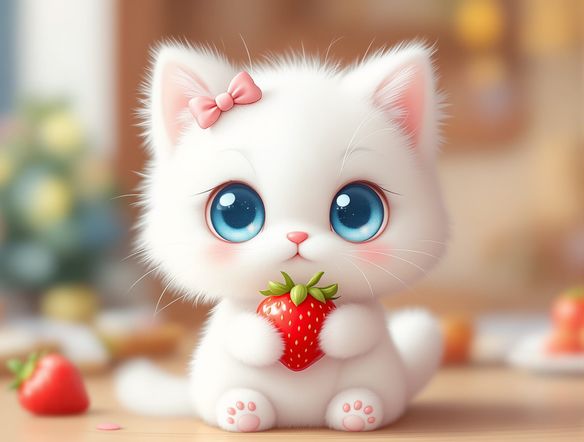 A kawaii cat character with big sparkling eyes, holding a strawberry, in a soft pastel color palette, sanrio style art, high detail.