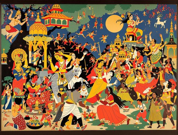 A Kalighat painting depicting a mythological scene, with bold black outlines, flat colors, and a traditional Bengali narrative style, reminiscent of 19th-century Kolkata art.