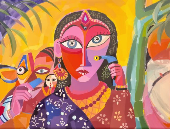 A folk painting in the Kalighat style, featuring a woman with stylized elongated eyes, rendered in bright, saturated colors with bold brushstrokes and a simple, evocative composition.
