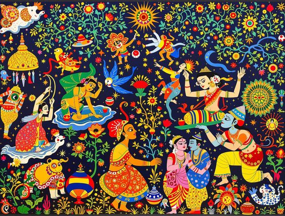 A vibrant Kalighat painting depicting a mythical scene with bold lines, flat colors, and intricate details, showcasing traditional Bengali folk art motifs.