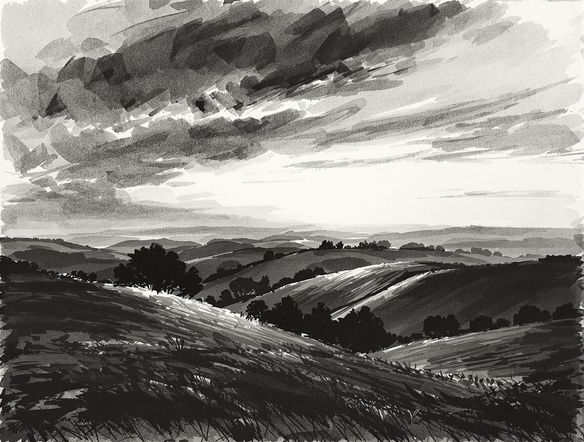 A serene landscape of rolling hills at sunset, transformed into a realistic charcoal sketch with a prominent charcoal effect. Soft blending and textured paper visible. Online charcoal art.