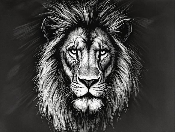 A detailed charcoal sketch of a majestic lion, showcasing intricate linework and dramatic shading, with a textured paper background.