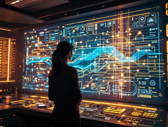 A digital roadmap with interconnected nodes and glowing lines, displayed on a futuristic holographic interface, symbolizing strategic planning and progress tracking.