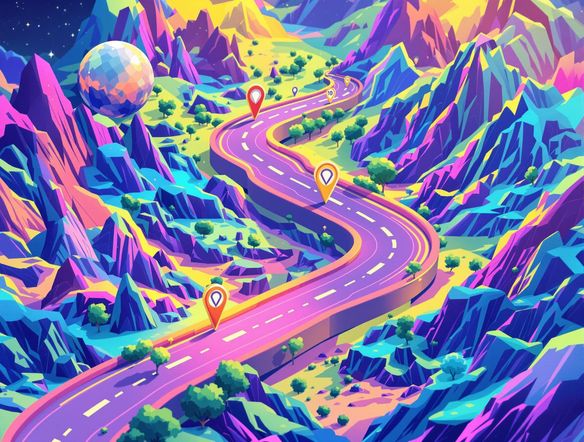 A vibrant digital roadmap illustration showing project milestones as stylized stickers on a winding path, using a free sticker mockup generator aesthetic. Bright colors, futuristic design, isometric view.