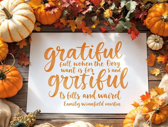 An image showcasing a quote about gratitude displayed in a warm, autumnal-themed font. The background features a rustic wooden table adorned with pumpkins, gourds, and fall foliage.
