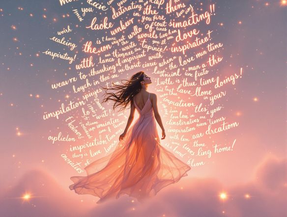 A vibrant image featuring a cascade of glowing words floating upwards, symbolizing inspiration and creativity. The background is a soft, ethereal gradient with subtle light flares.