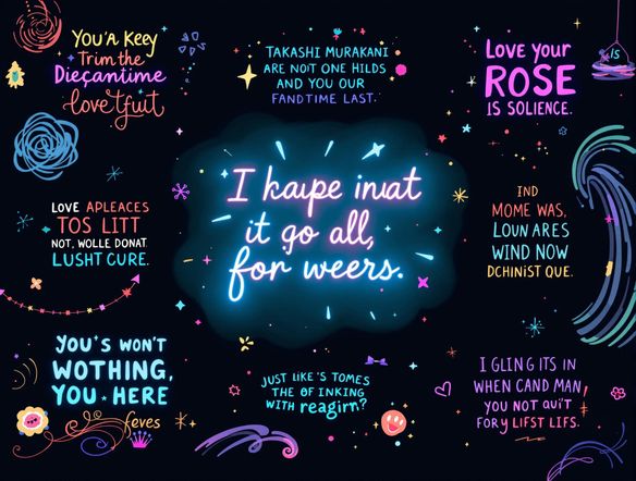 A vibrant collage of inspirational quotes in various artistic styles, with a central quote glowing in a neon light, surrounded by swirling abstract designs.